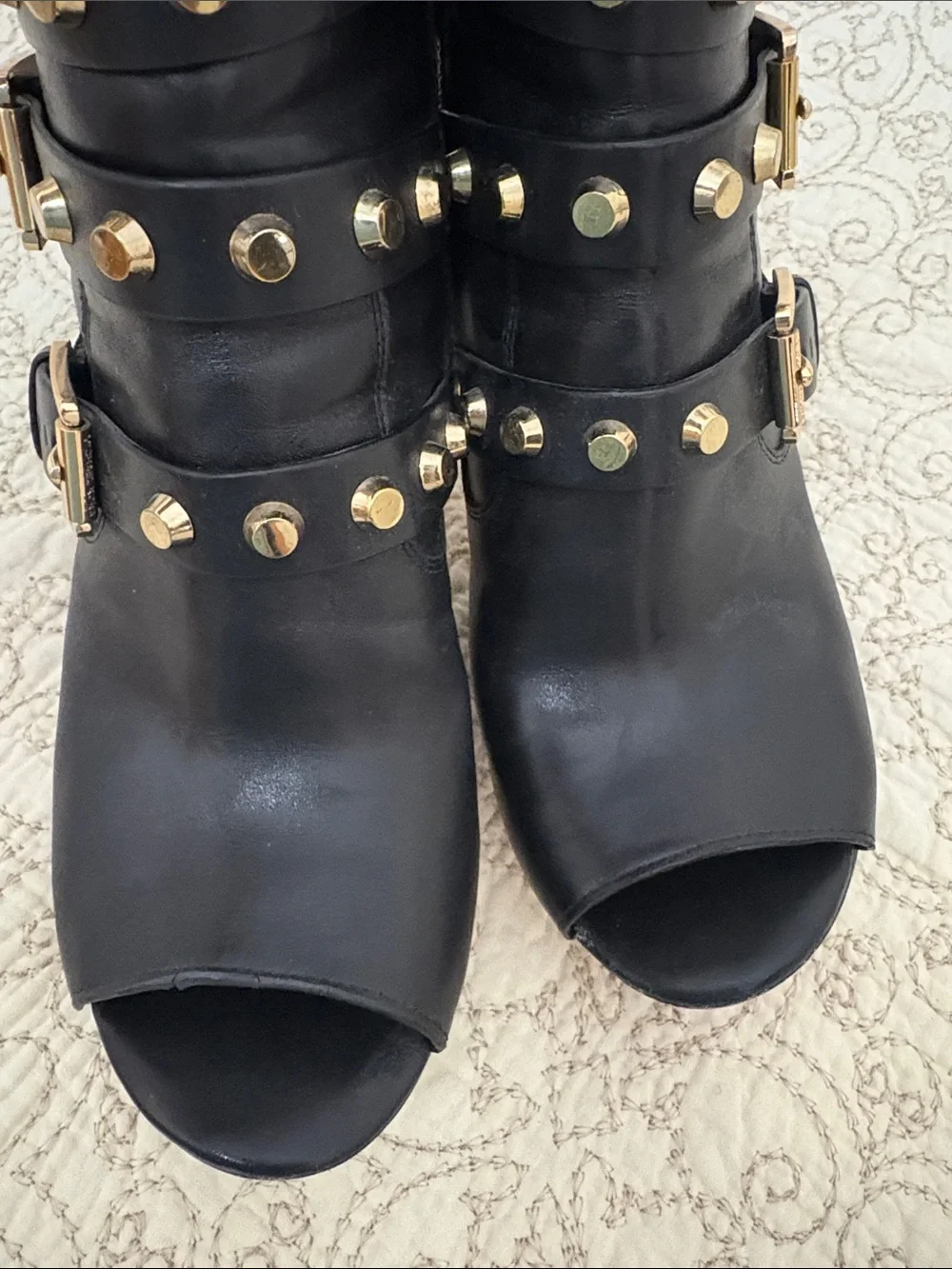 Michael Kors Bryn studded Black leather peek-Toe Buckle high heel ankle Boot 10